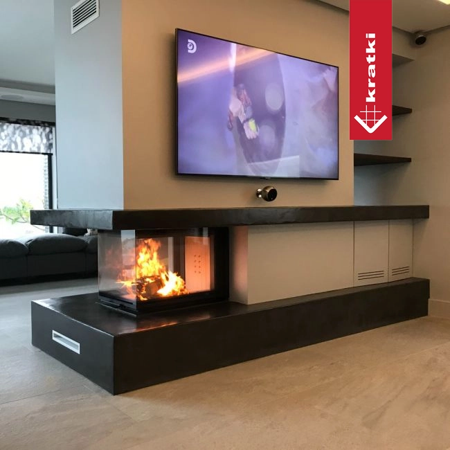 Kratki NBU 500/700 in moderne woonkamer, ingebouwd met brandend vuur