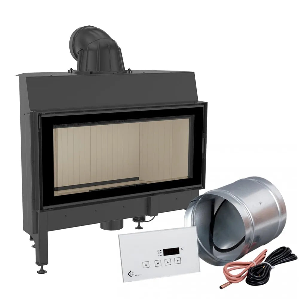 Kratki Nadia 14 kW houtkachel met glazen deur, ventilator en bedieningspaneel.