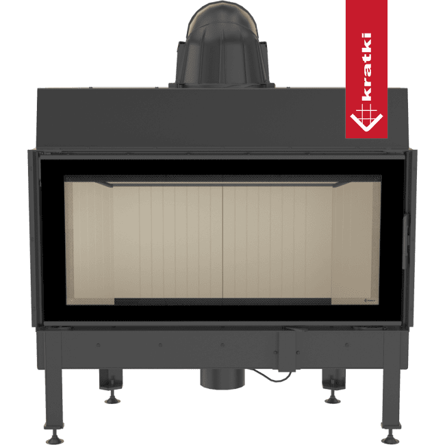 Kratki Nadia 14 kW houtkachel met glazen deur en zwart metalen frame.