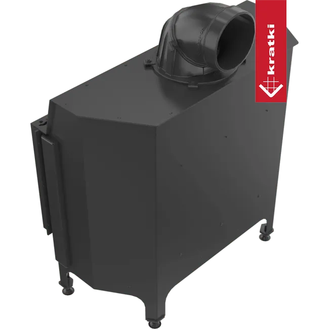 Zwarte Kratki Nadia 14 kW houtkachel met moderne, strakke vormgeving en bovenafvoer.