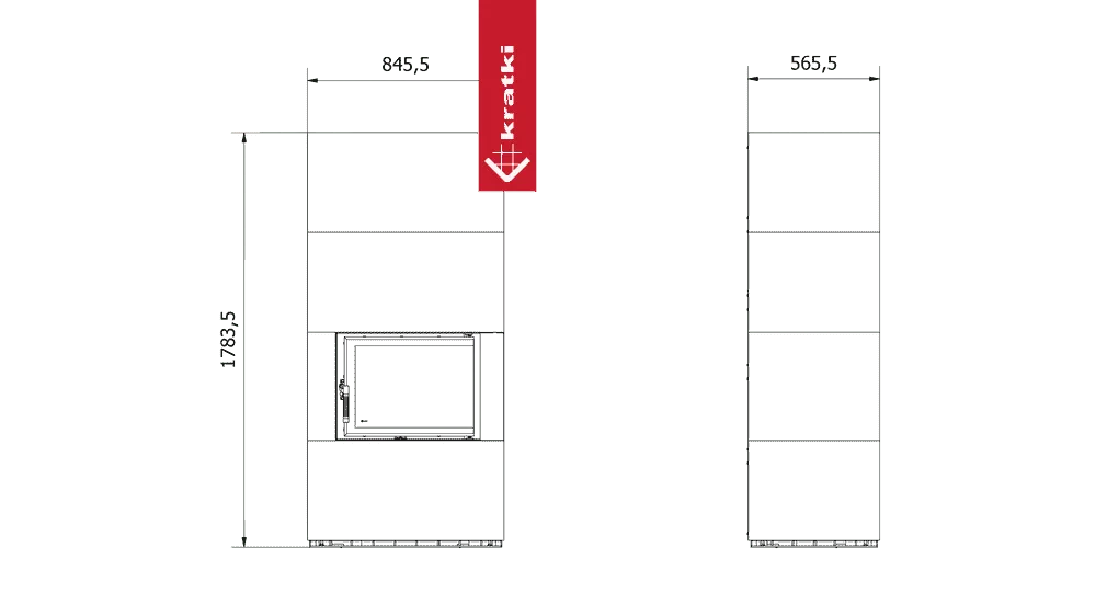 Technische tekening van de Kratki Floki S 8 kW Rechts met afmetingen.