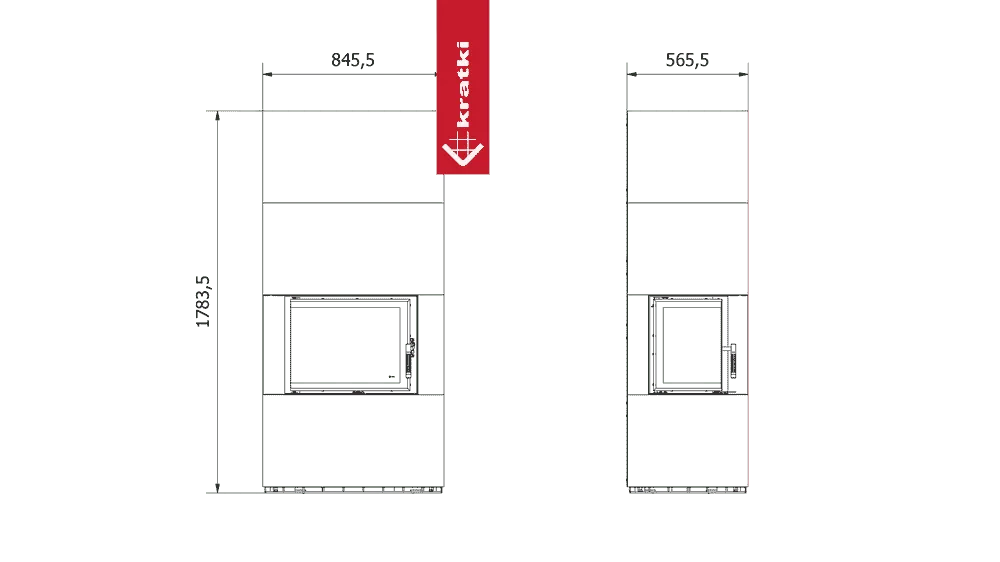 Technische tekening van de Kratki Floki S 8 kW Links met afmetingen.