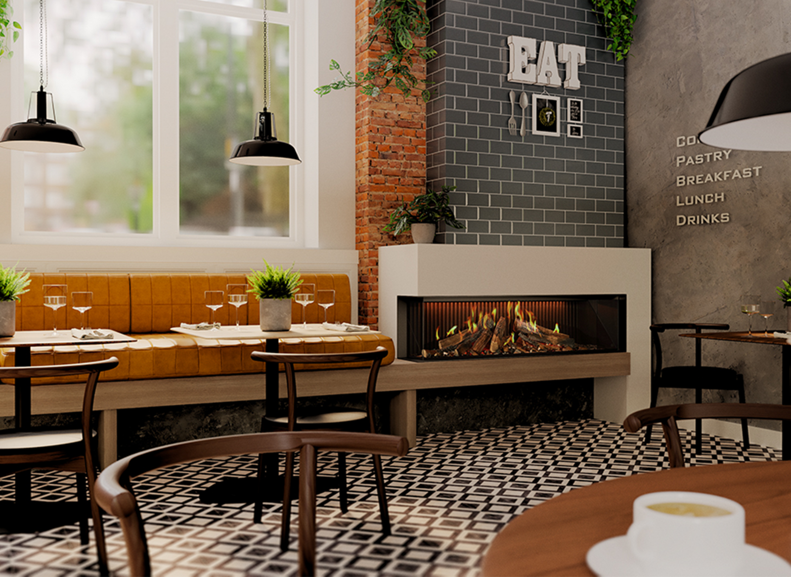 DRU Virtuo 150/2 Evolve haard in sfeervol café-interieur met tafels en banken