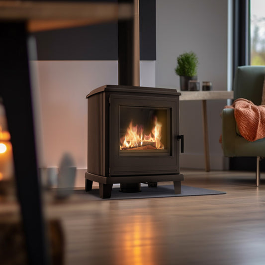 Kratki K11 houtkachel in moderne woonkamer met brandend vuur