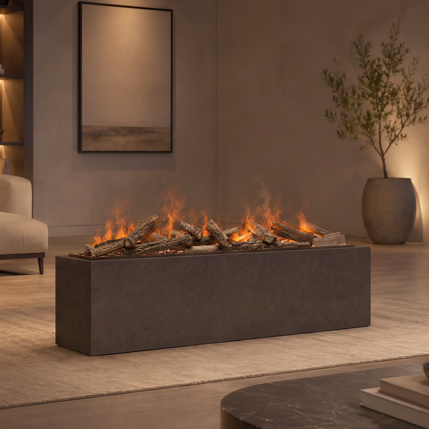 Dimplex Triton 1500 Optimyst haard met vlameffect in een modern ingerichte woonkamer