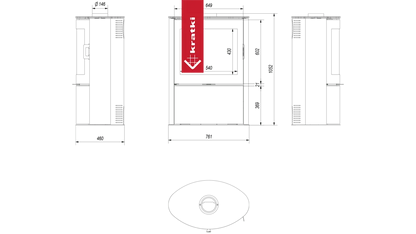 Technische tekening van Kratki AB 2 haard met afmetingen en zijaanzichten.