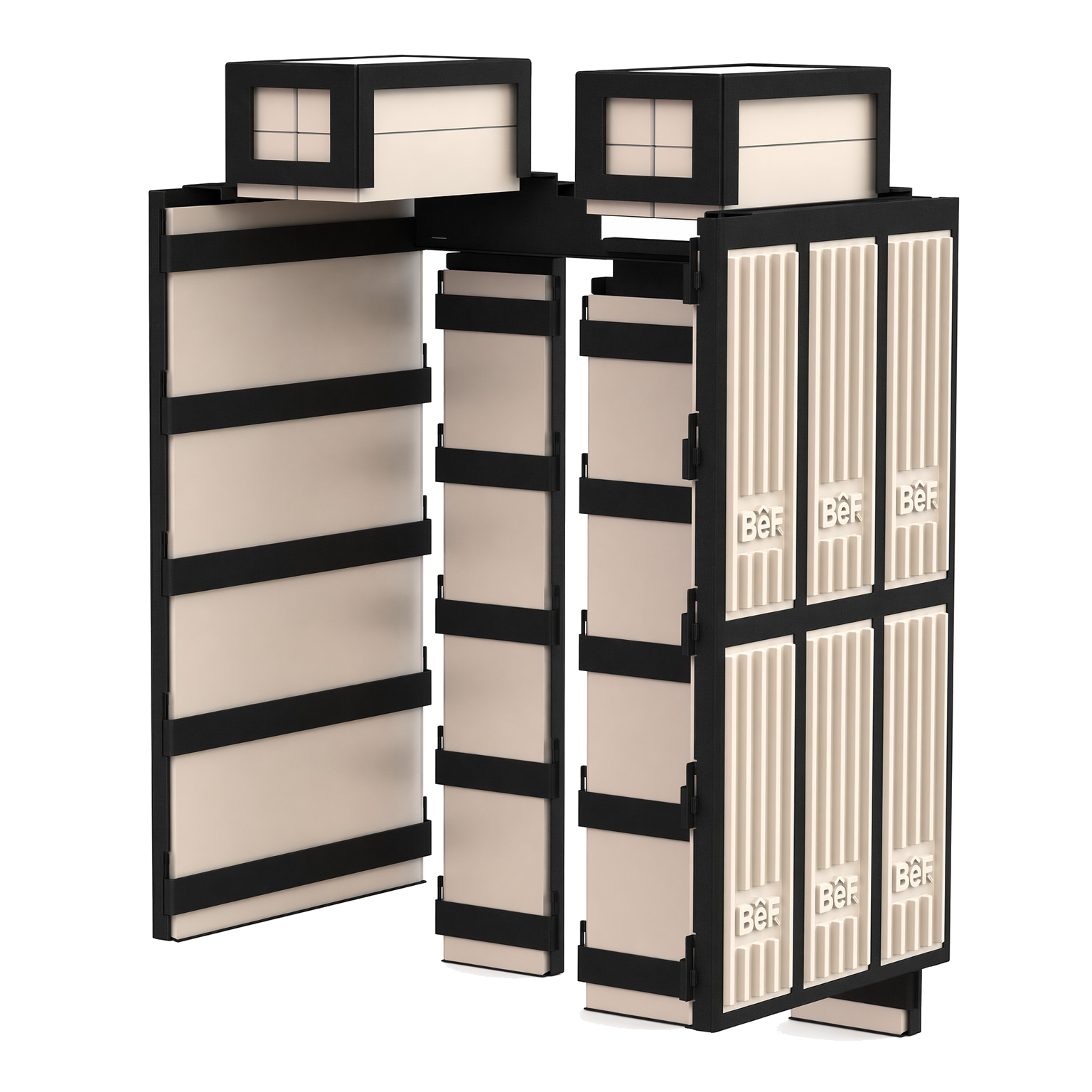 Accumulatieframe met zwarte metalen panelen en beige elementen