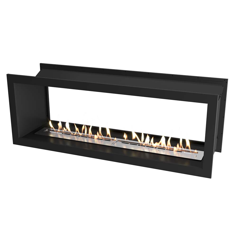 Icon Fires Double Sided Slimline Firebox 1650 met Slimline 1400 Brander, zwarte inbouwhaard met vlammen