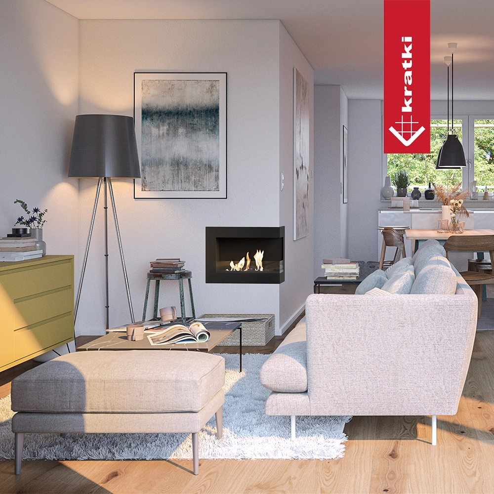 Kratki Delta TÜV ingebouwd in moderne woonkamer met kleine vlammen