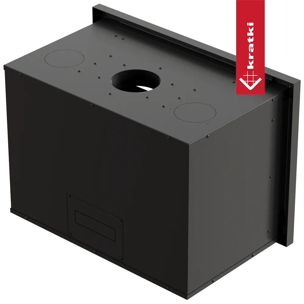 Zwarte Kratki Kaseta Arke 75 haardcassette met ronde en vierkante openingen bovenop.