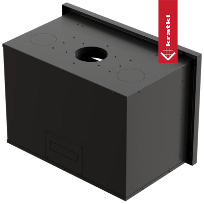 Zwarte Kratki Kaseta Arke 75 haardcassette met ronde en vierkante openingen bovenop.