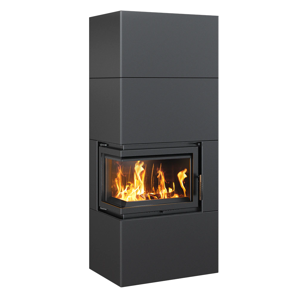 Kratki Simple Box houtkachel met hoekruit en brandend vuur