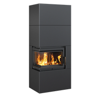 Kratki Simple Box houtkachel met hoekruit en brandend vuur