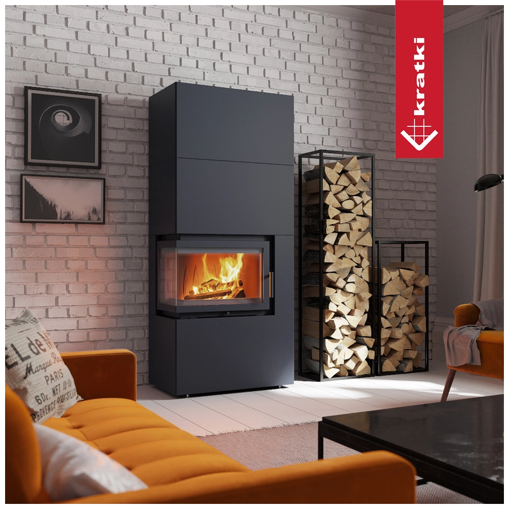 Kratki Simple Box haard in moderne woonkamer met brandend vuur