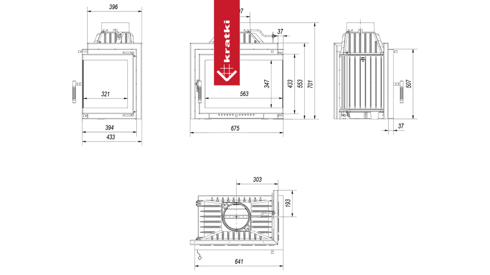 Technische tekening van de Kratki Simple M 10 kW Rechts haard.