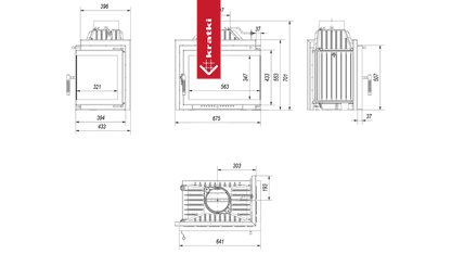 Technische tekening van de Kratki Simple M 10 kW Rechts haard.