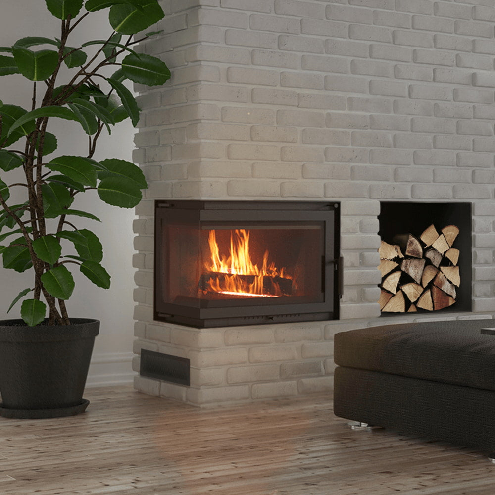 Kratki Simple M 10 kW in witte woonkamer met brandend vuur