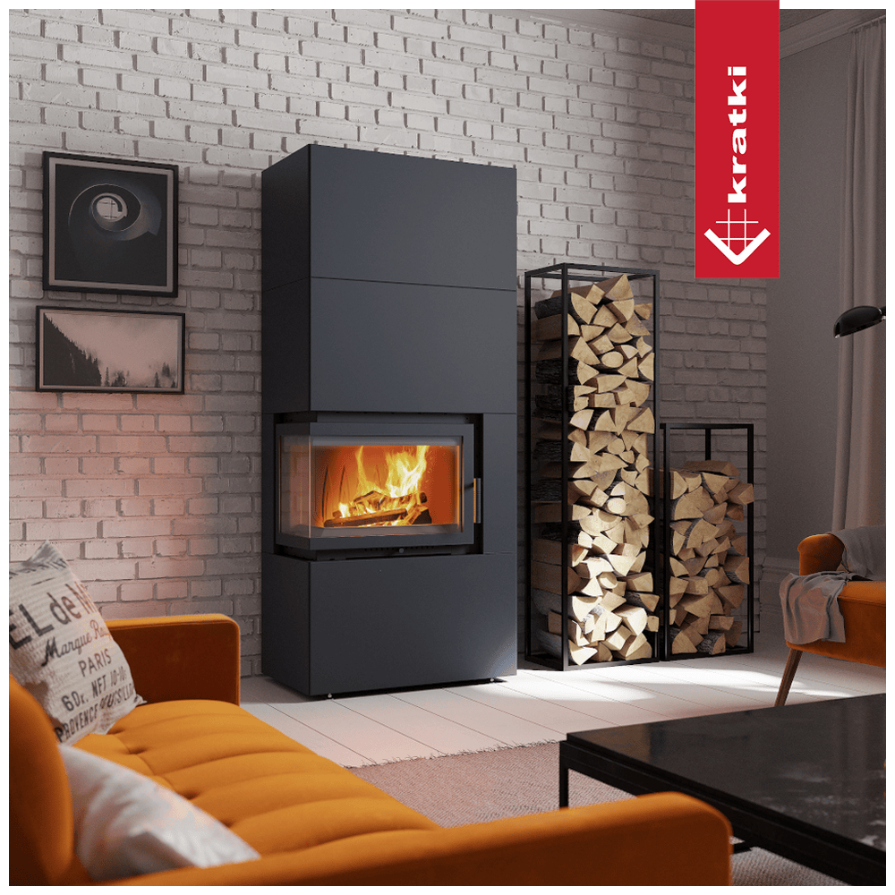 Kratki Simple Box haard in woonkamer met brandend vuur en houtopslag