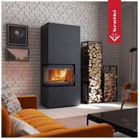 Kratki Simple Box haard in woonkamer met brandend vuur en houtopslag