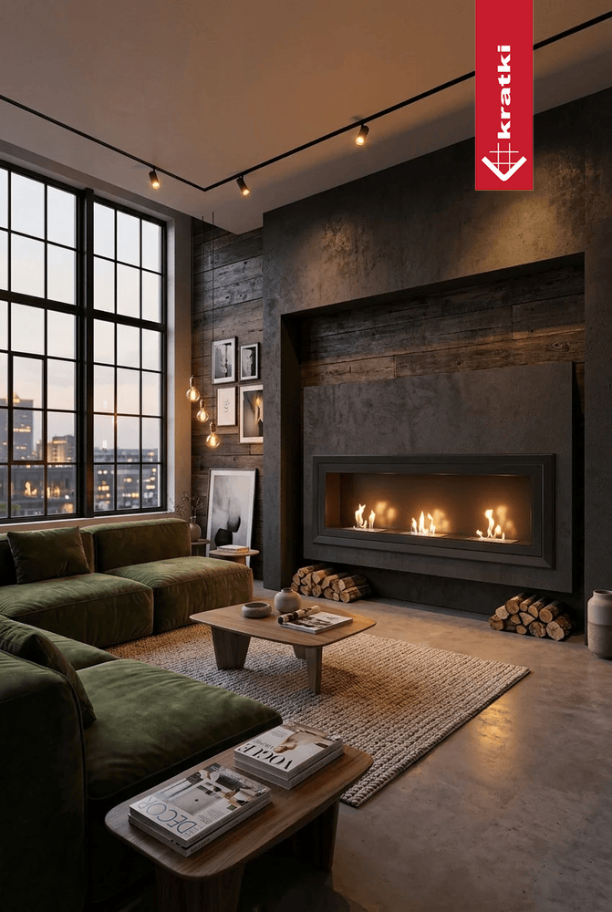 Kratki Juliet TÜV haard in moderne woonkamer met lage vlammen