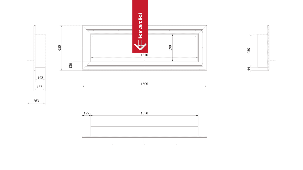 Technische tekening van de Kratki Juliet TÜV met afmetingen en zijaanzichten.