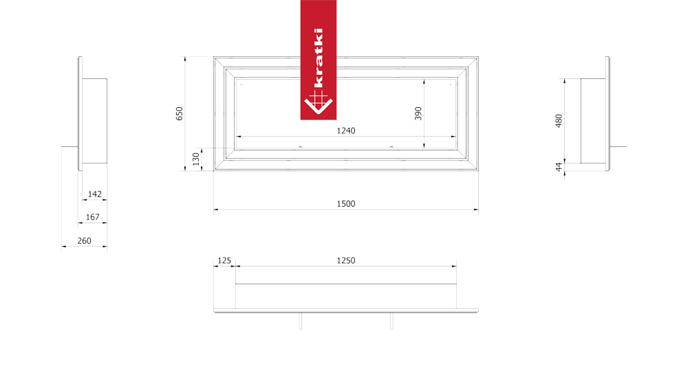 Technische tekening van de Kratki Juliet TÜV met afmetingen en zijaanzichten.