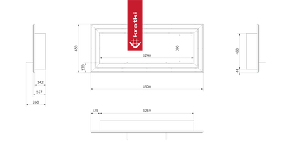 Technische tekening van de Kratki Juliet TÜV met afmetingen en zijaanzichten.