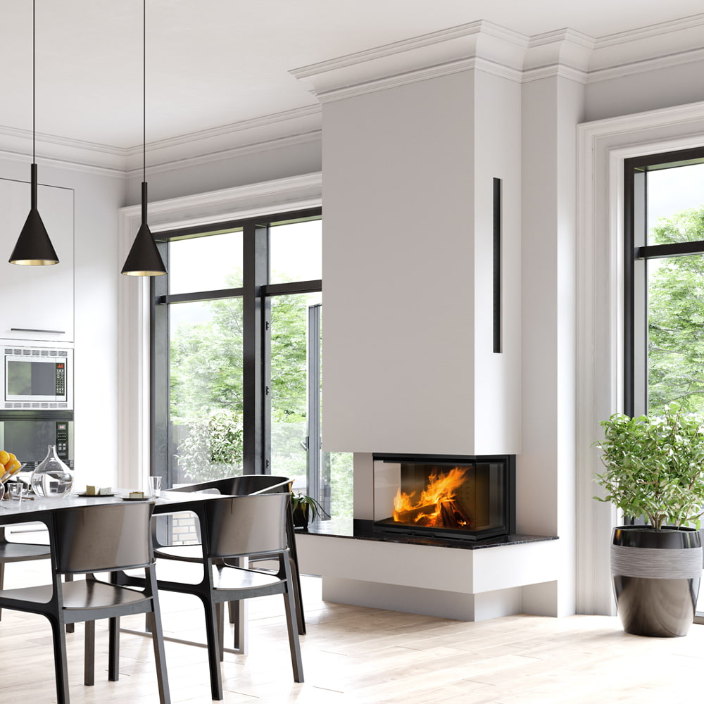 Kratki NBC 800/400 in een moderne woonkamer met brandend vuur