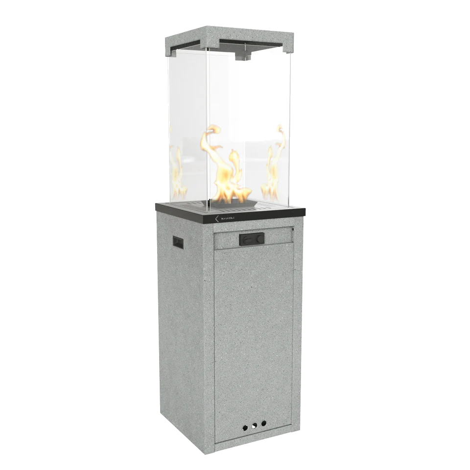 Kratki Patio Light terrasheater met glazen windscherm en vlammen