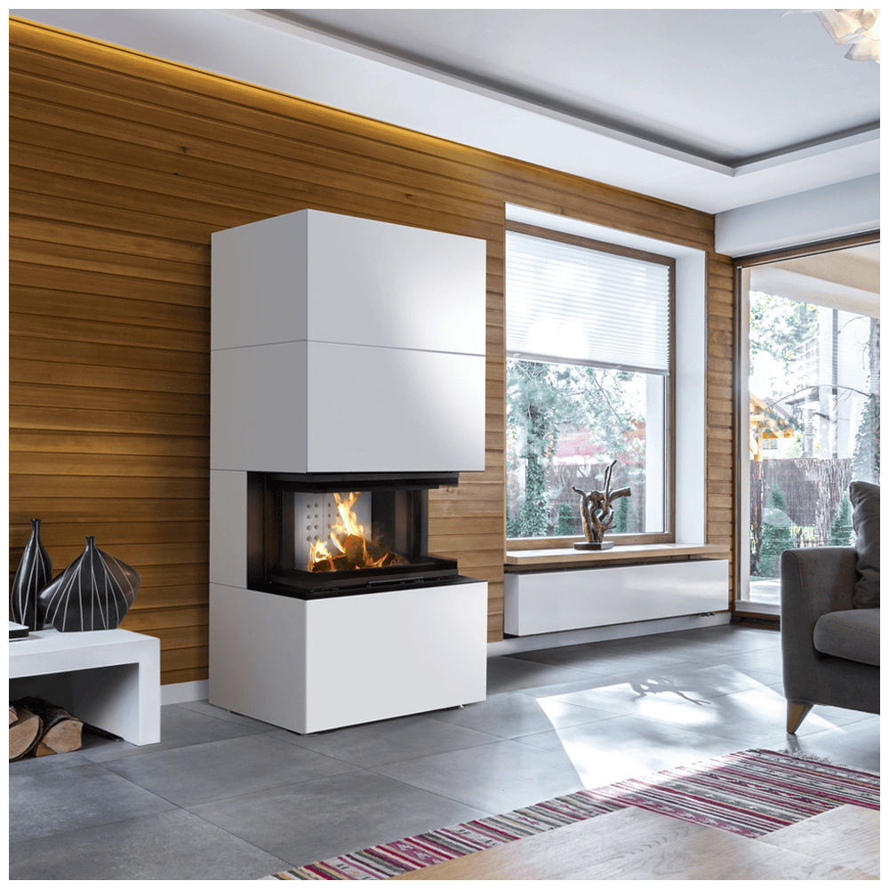 Kratki Heb haard in moderne woonkamer met houten wand