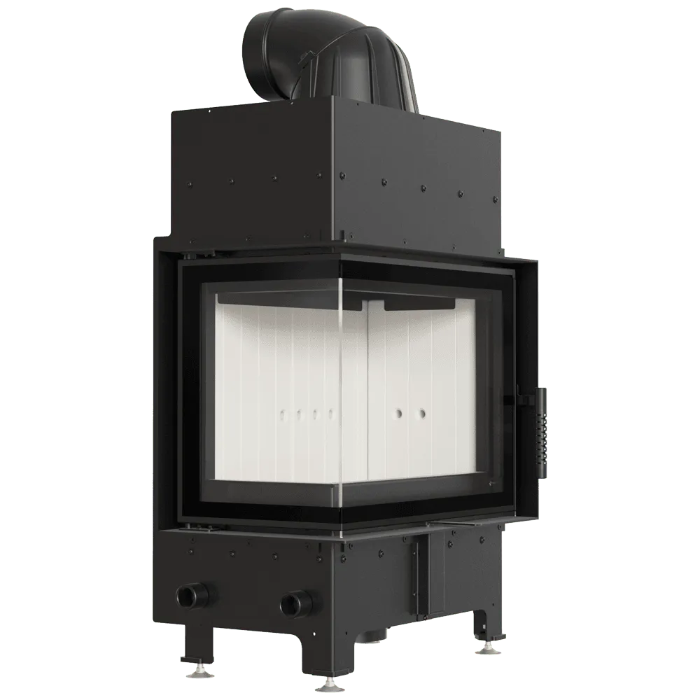Kratki Floki S 8 kW Links, moderne hoekhaard met glazen deur en zwart metalen afwerking.