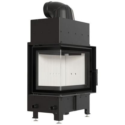 Kratki Floki S 8 kW Links, moderne hoekhaard met glazen deur en zwart metalen afwerking.