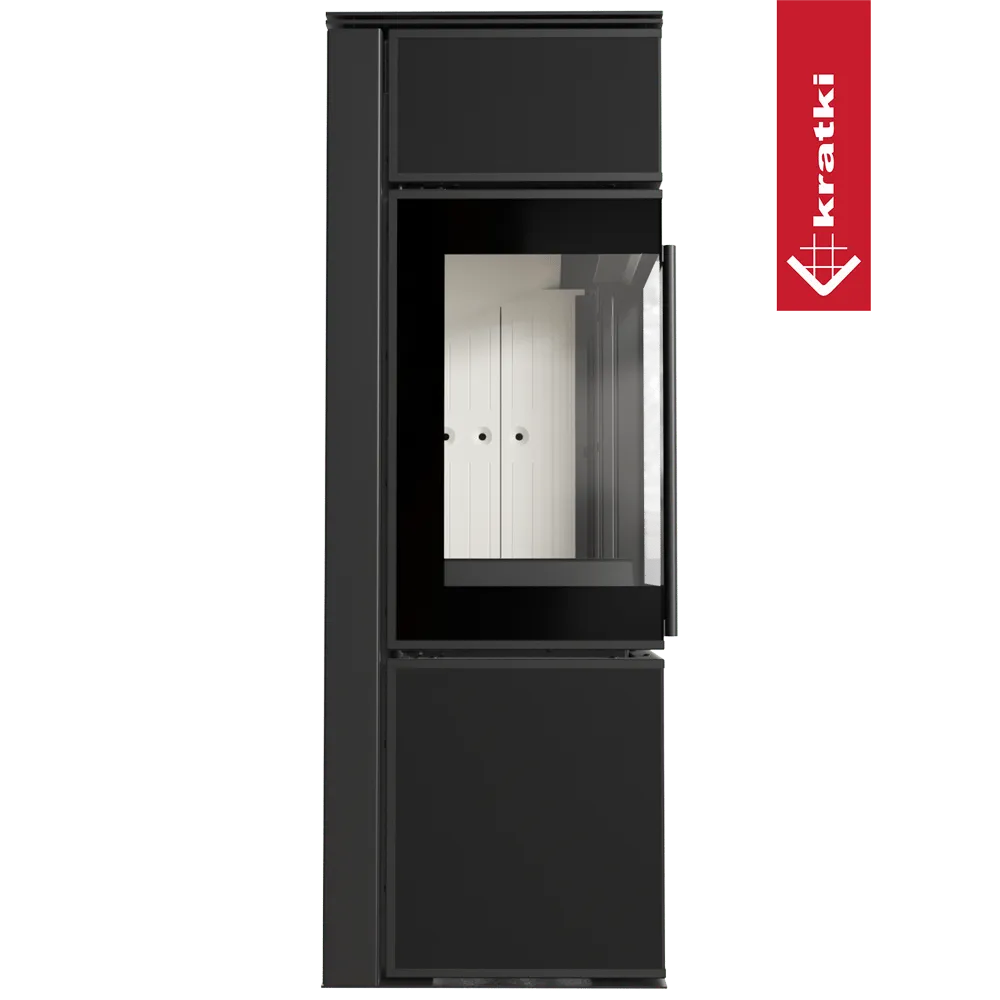 Zwarte, moderne houtkachel Kratki Tora S met groot glazen venster en strak design.