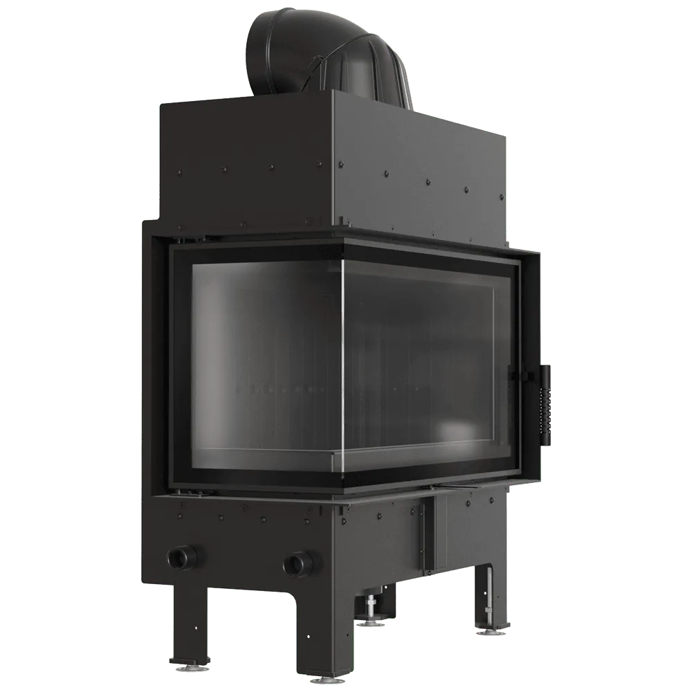 Kratki Floki S 8 kW Links, moderne zwarte houtkachel met glazen zijpaneel.