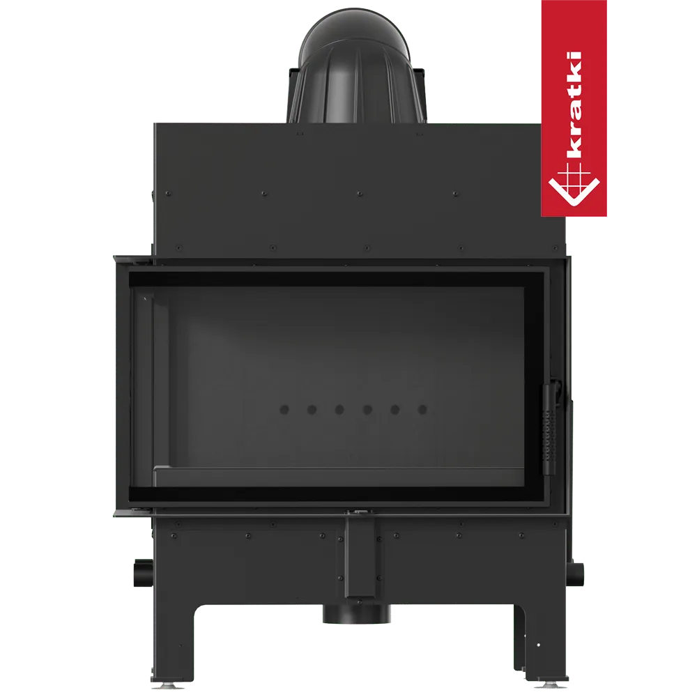 Kratki Floki S 8 kW Links, moderne zwarte houtkachel met glazen deur en bovenste rookafvoer.
