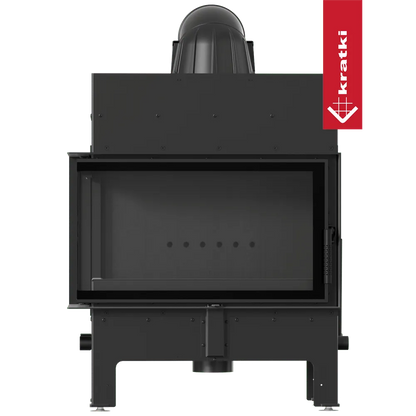 Kratki Floki S 8 kW Links, moderne zwarte houtkachel met glazen deur en bovenste rookafvoer.