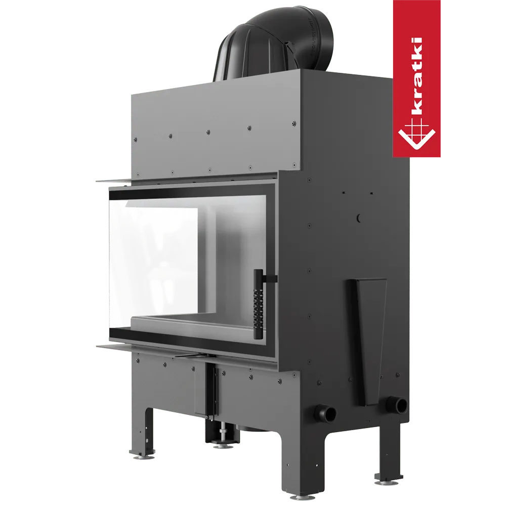 Kratki Floki S 8 kW Links, moderne houtkachel met glazen deur en robuust ontwerp.