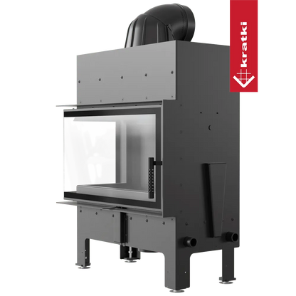 Kratki Floki S 8 kW Links, moderne houtkachel met glazen deur en robuust ontwerp.