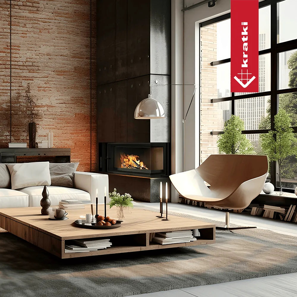 Moderne woonkamer met Kratki Floki S 8 kW Rechts haard, houten tafel en designstoel.