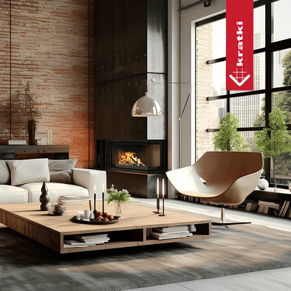 Moderne woonkamer met Kratki Floki S 8 kW Rechts haard, houten tafel en designstoel.