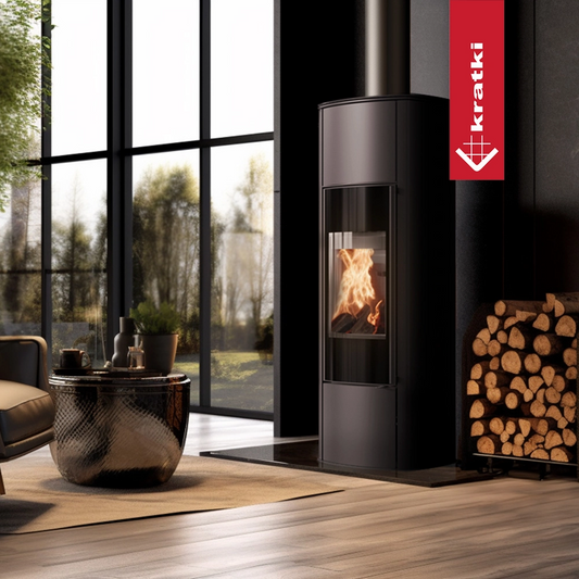 Kratki AB Enyo R Hoog in moderne woonkamer met brandend vuur