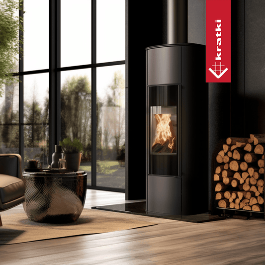 Kratki AB Enyo R Hoog in moderne woonkamer met brandend vuur