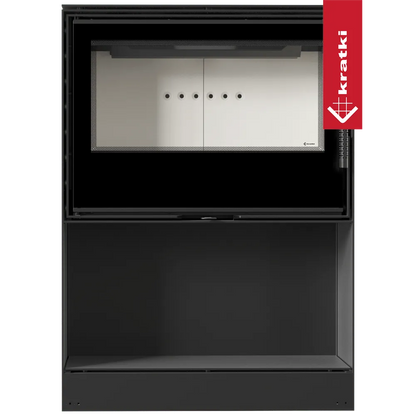 Kratki Kari 80 Breed, moderne zwarte inbouwhaard met glazen deur en rode merklabel.