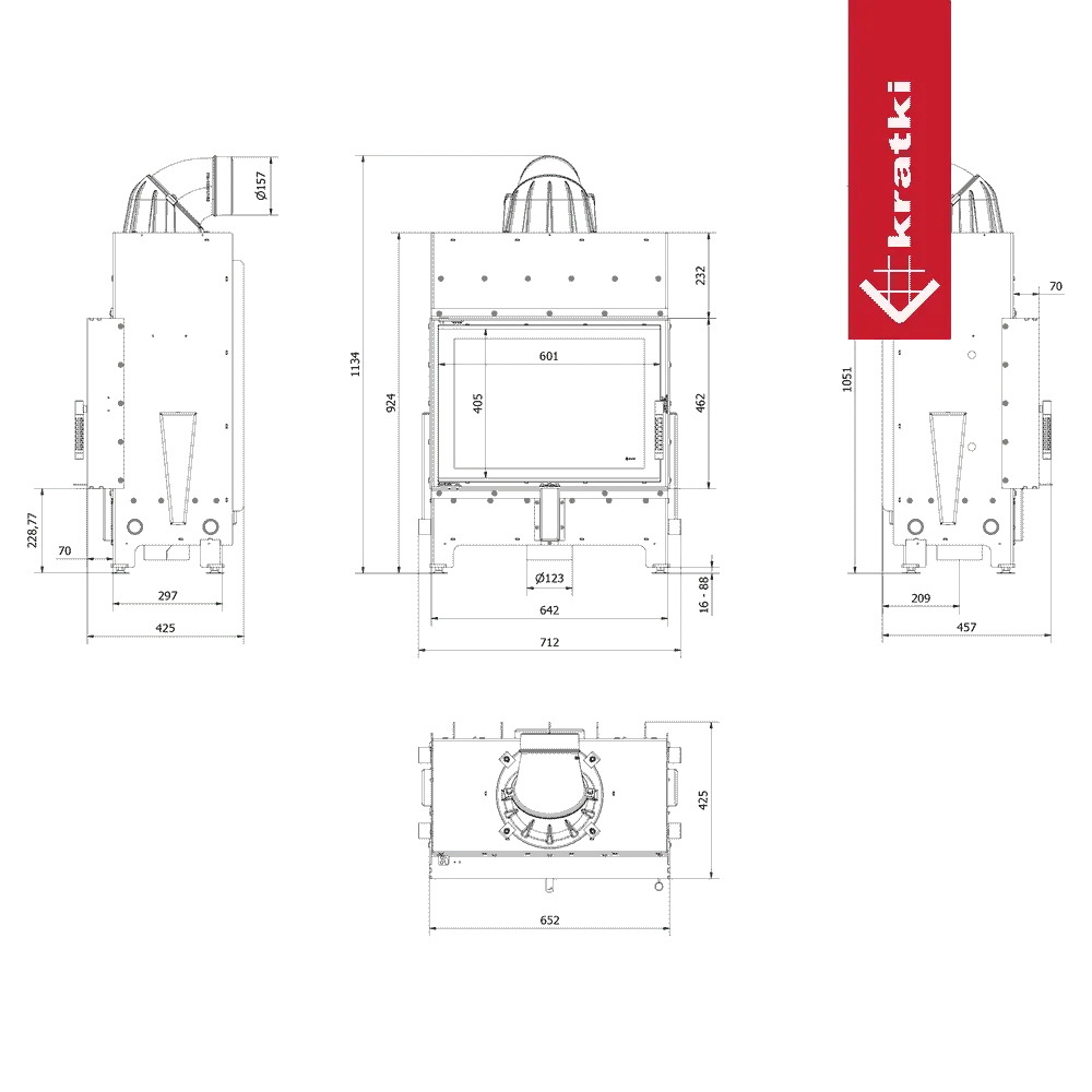 Technische tekening van de Kratki Floki S 8 kW haard met afmetingen.