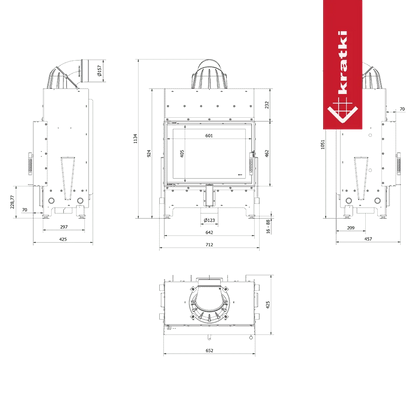 Technische tekening van de Kratki Floki S 8 kW haard met afmetingen.