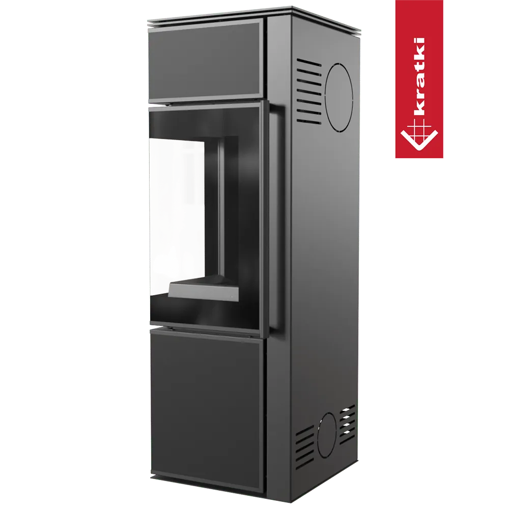 Zwarte, moderne houtkachel Kratki Tora S met glazen deur en ventilatieopeningen aan de zijkant.