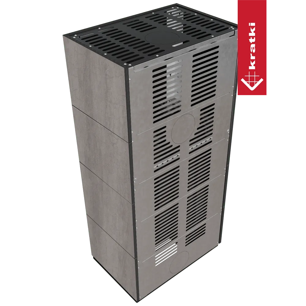 Kratki Floki S 8 kW Links, grijze metalen kachel met ventilatieroosters en strak design.