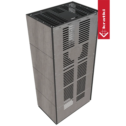 Kratki Floki S 8 kW Links, grijze metalen kachel met ventilatieroosters en strak design.