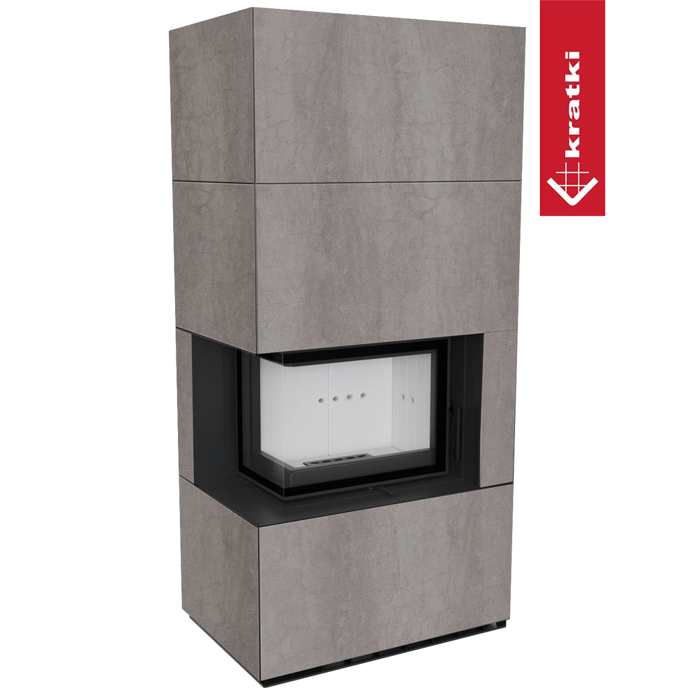 Kratki Floki Box Links haardkachel met grote ruit en grijze bekleding