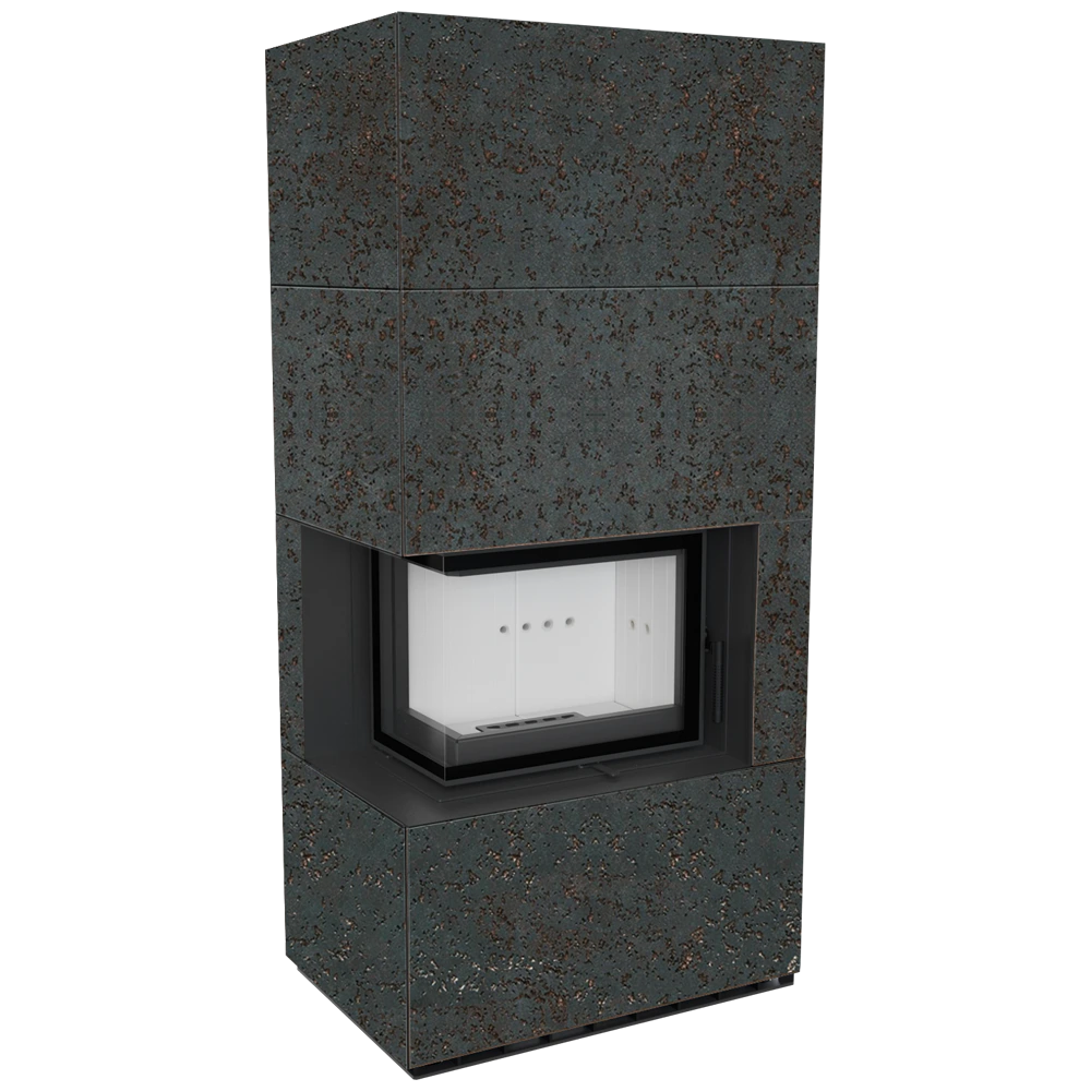 Kratki Floki Box Links haard met donker stenen bekleding